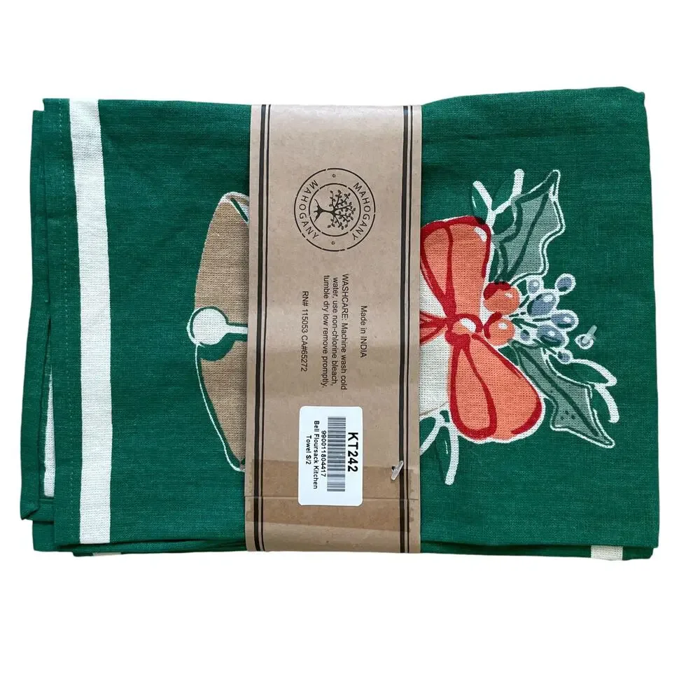 MAHOGANY Set of 2 Holiday Jingle Bell Flour Sack Kitchen Towels Christmas Green